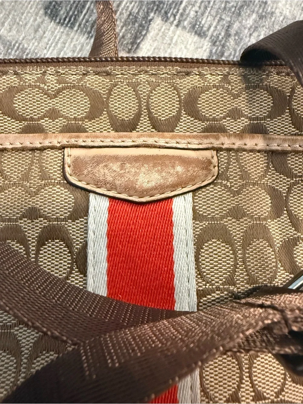 Coach Signature Stripe File Crossbody Bag Khaki Brown Canvas Leather